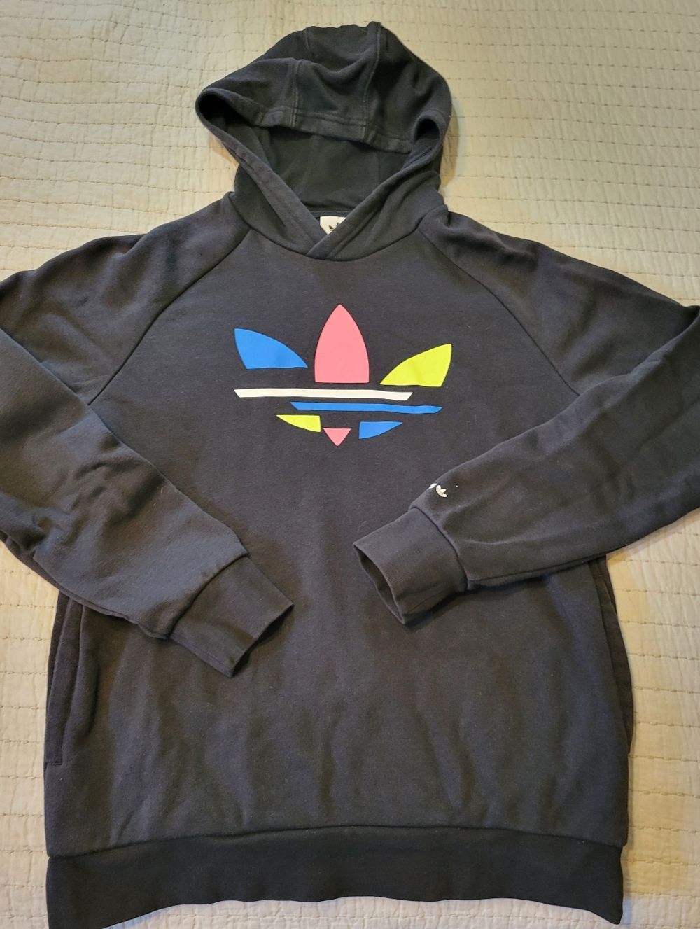 Adidas Black Hoodie with Blue Pink and Yellow Trefoil Youth Large